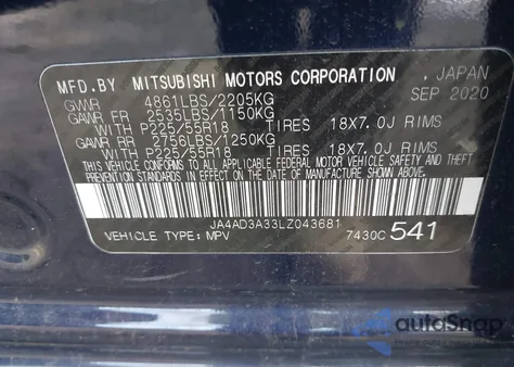 2020 Mitsubishi Outlander Le 2.4/Se 2.4/Sel 2.4/Sp 2.4 z USA, uszkodzony, nr VIN JA4AD3A33LZ043681